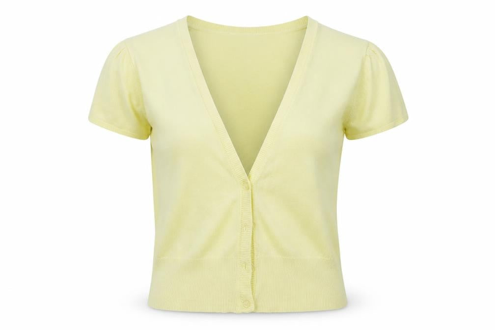 Front view of AMARANTO women’s yellow cardigan jumper, size UK 14