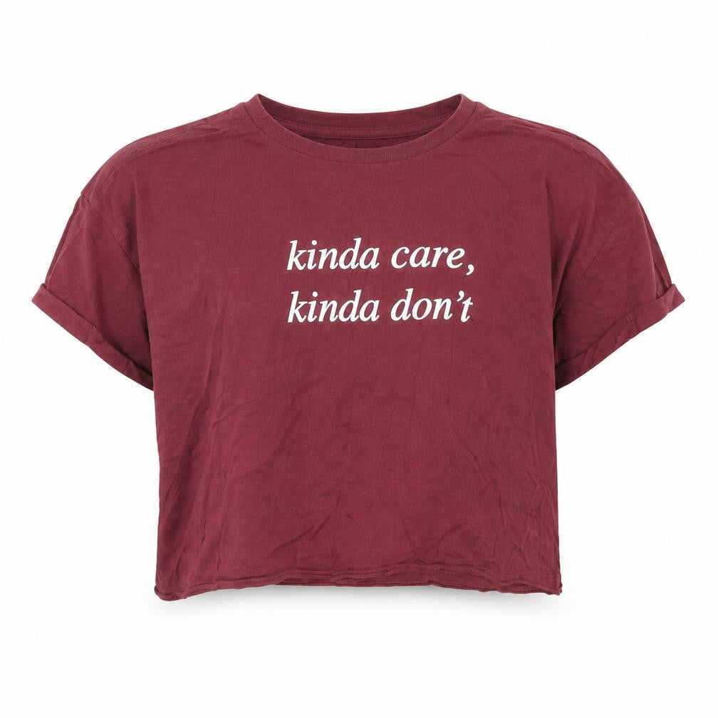 Front view of New Look girls’ purple cropped t-shirt, size 12, years - kinda care kinda dont