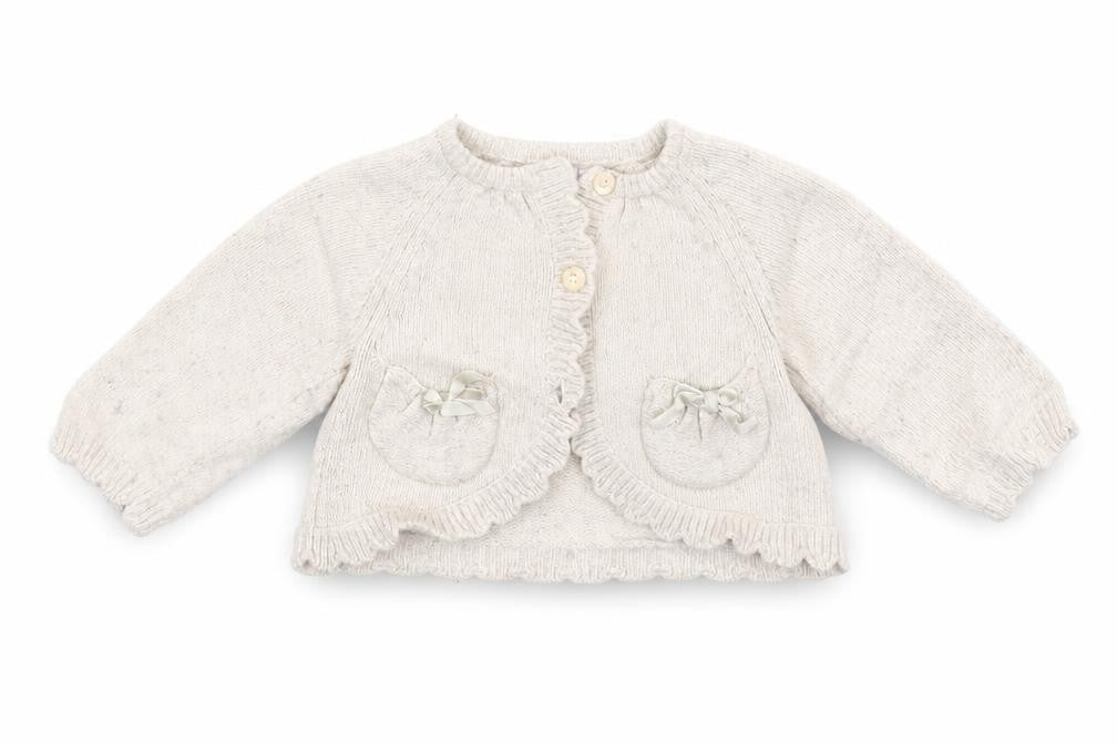 Front view of Monsoon girls’ beige cardigan jumper, size 3-6, months