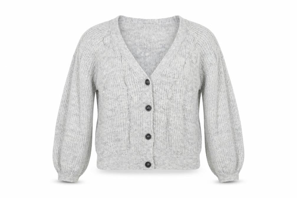Front view of Papaya women’s grey knit cardigan jumper, size M