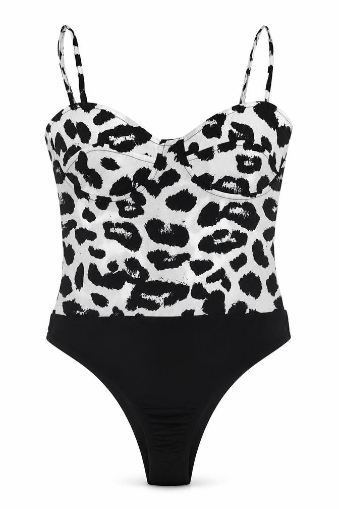 PRETTYLITTLETHING Womens Black Animal Print  Bodysuit One-Piece Size 4  - Black and White