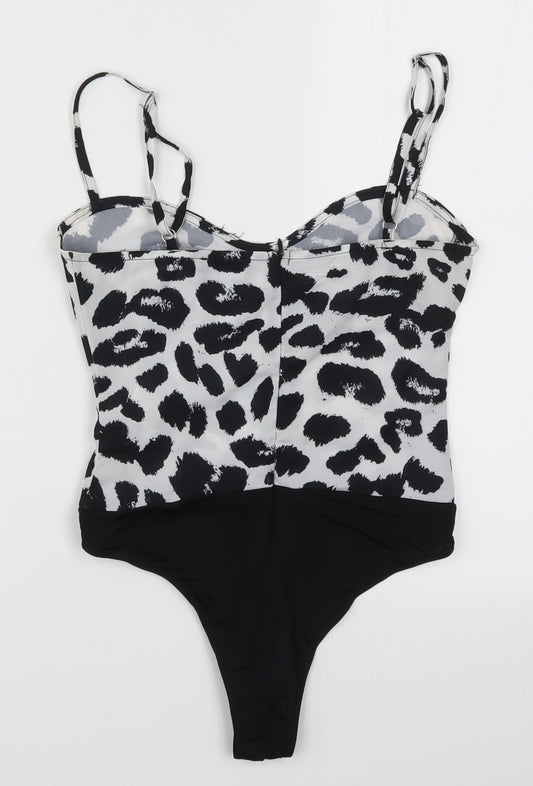 PRETTYLITTLETHING Womens Black Animal Print  Bodysuit One-Piece Size 4  - Black and White