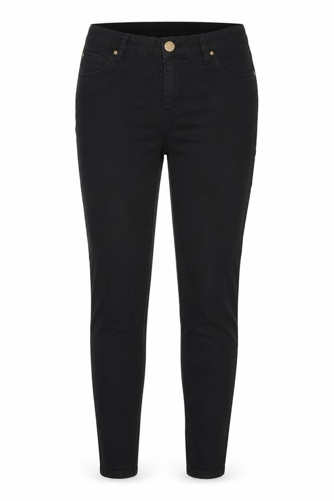 Front view of Denim & Co. women’s black denim skinny jeans, size UK 12, 31-inch leg
