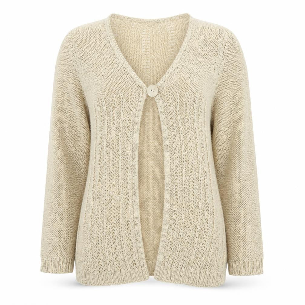 Front view of Originals women’s beige knit cardigan jumper, size UK 12