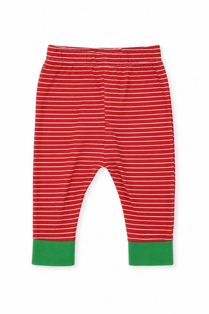 Front view of Peacocks boys’ red striped sweatpants, size 3-6, months
