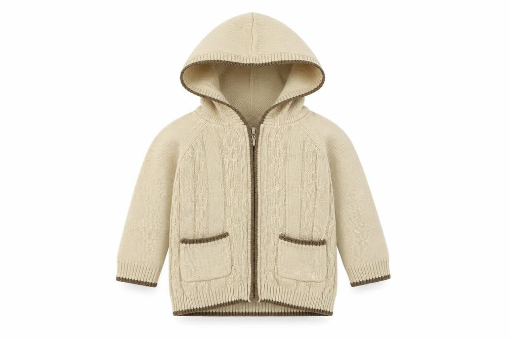 Front view of Preworn boys’ beige jacket, size 6-9, months