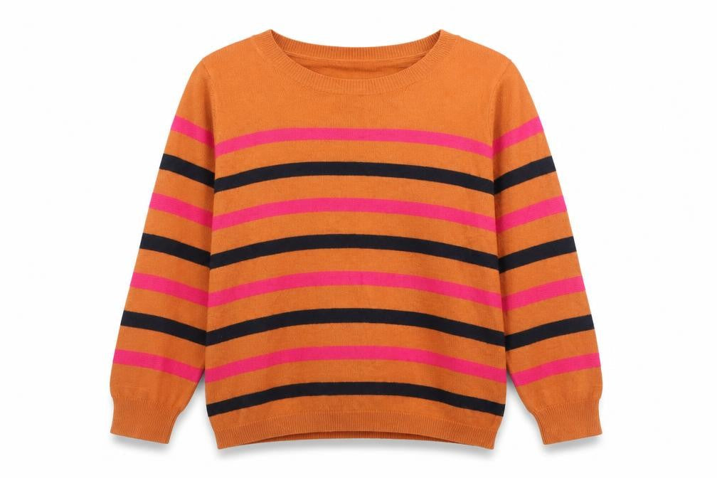 Front view of TU women’s orange striped knit pullover sweatshirt, size UK 12