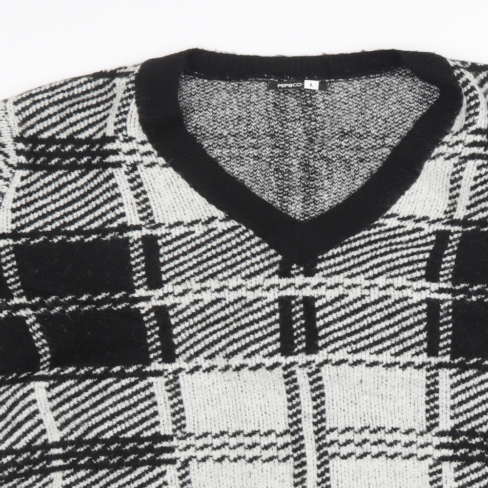 pep & co Womens Black Check Knit Pullover Sweatshirt Size L