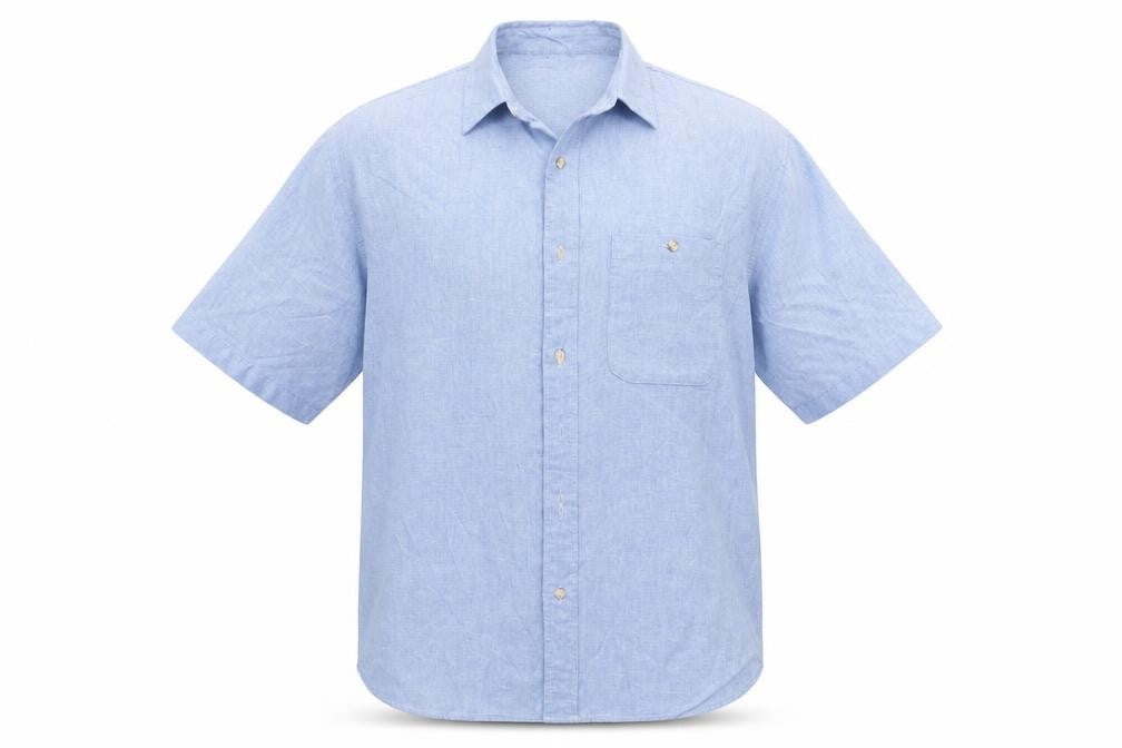 Front view of Casual Club men’s blue button-up, size S