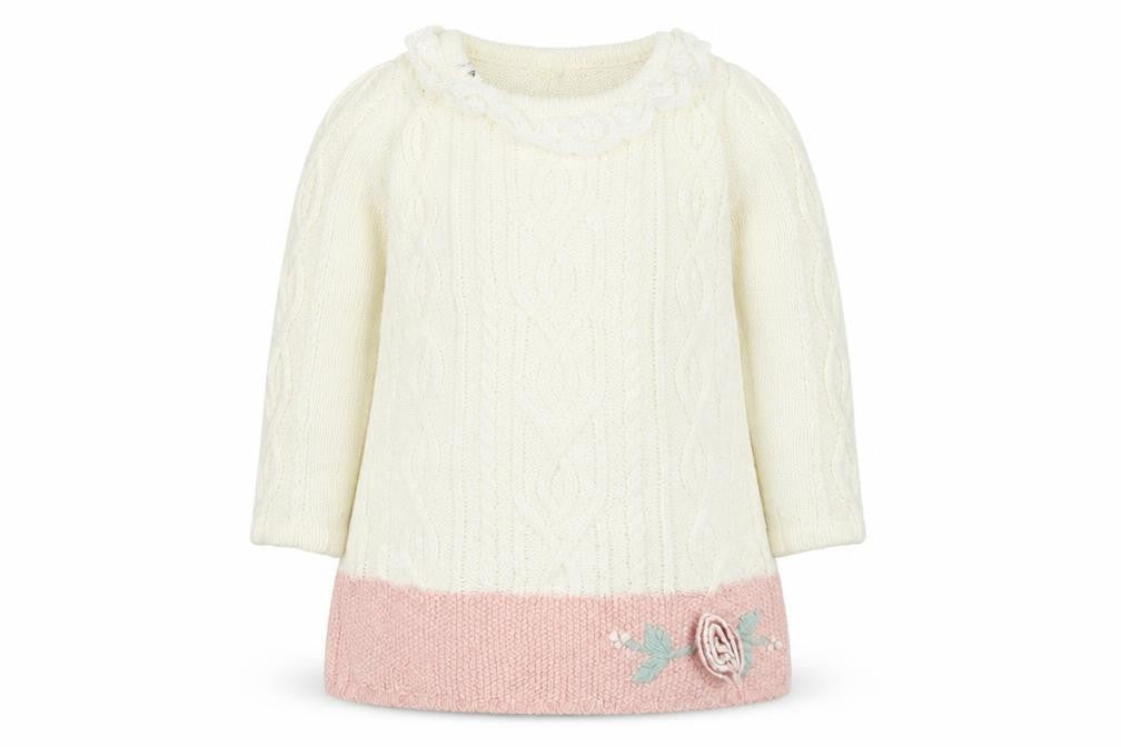Front view of Catherine Malandrino girls’ white colourblock knit jumper dress, size 3-6, months