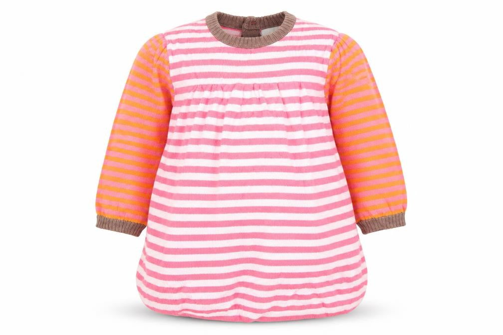 Front view of Mini Club girls’ pink striped knit jumper dress, size 3-6, months