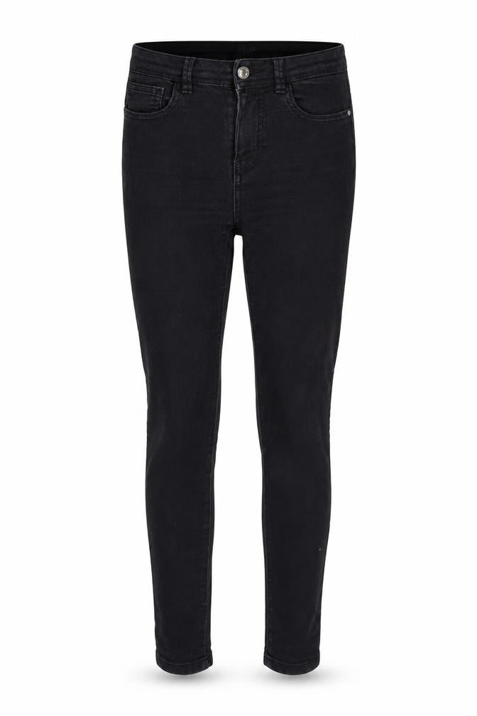 Front view of Denim & Co. women’s black denim skinny jeans, size UK 8, 27-inch leg