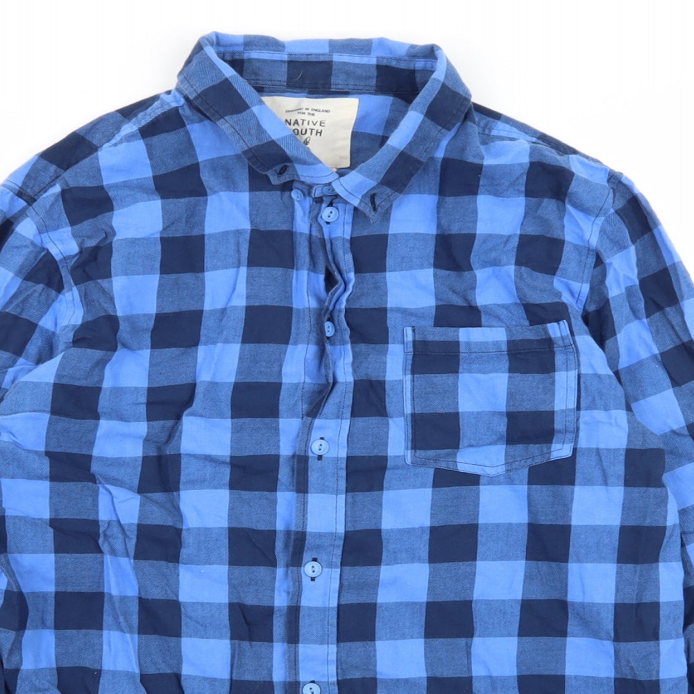 Native Youth Mens Blue Check   Button-Up Size L