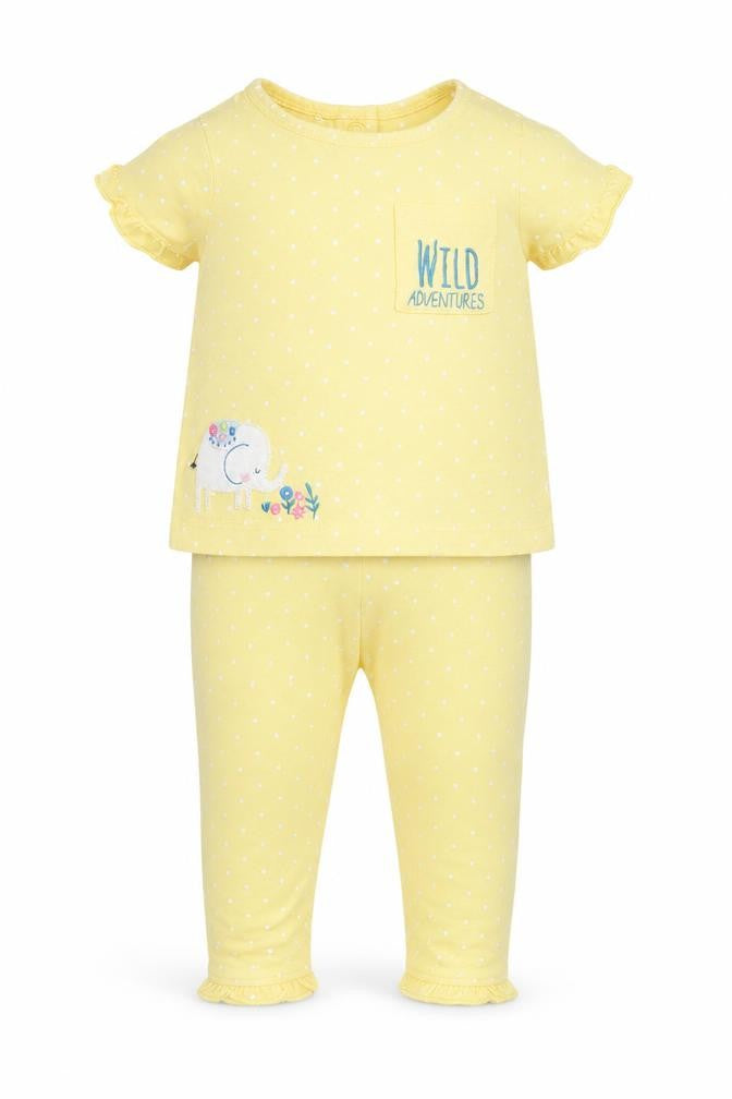 Front view of Mini Club girls’ yellow spotted babydoll pyjama set, size 0-3, months