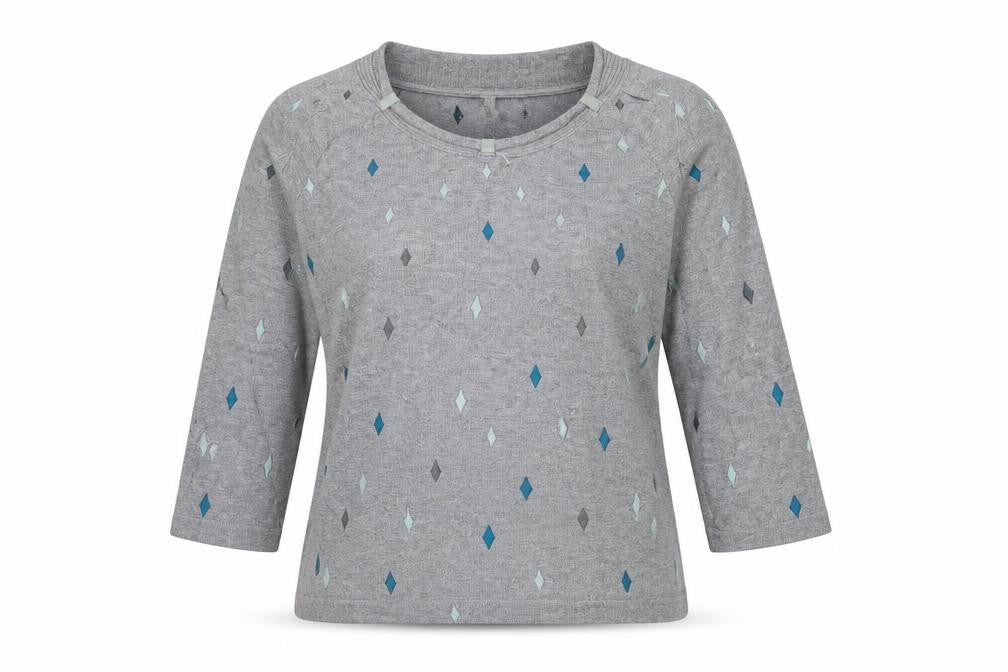 Front view of county casual women’s grey geometric jumper, size M