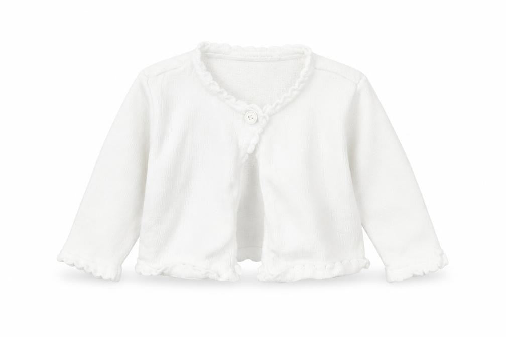 Front view of Bluezoo girls’ white cardigan jumper, size 3-6, months