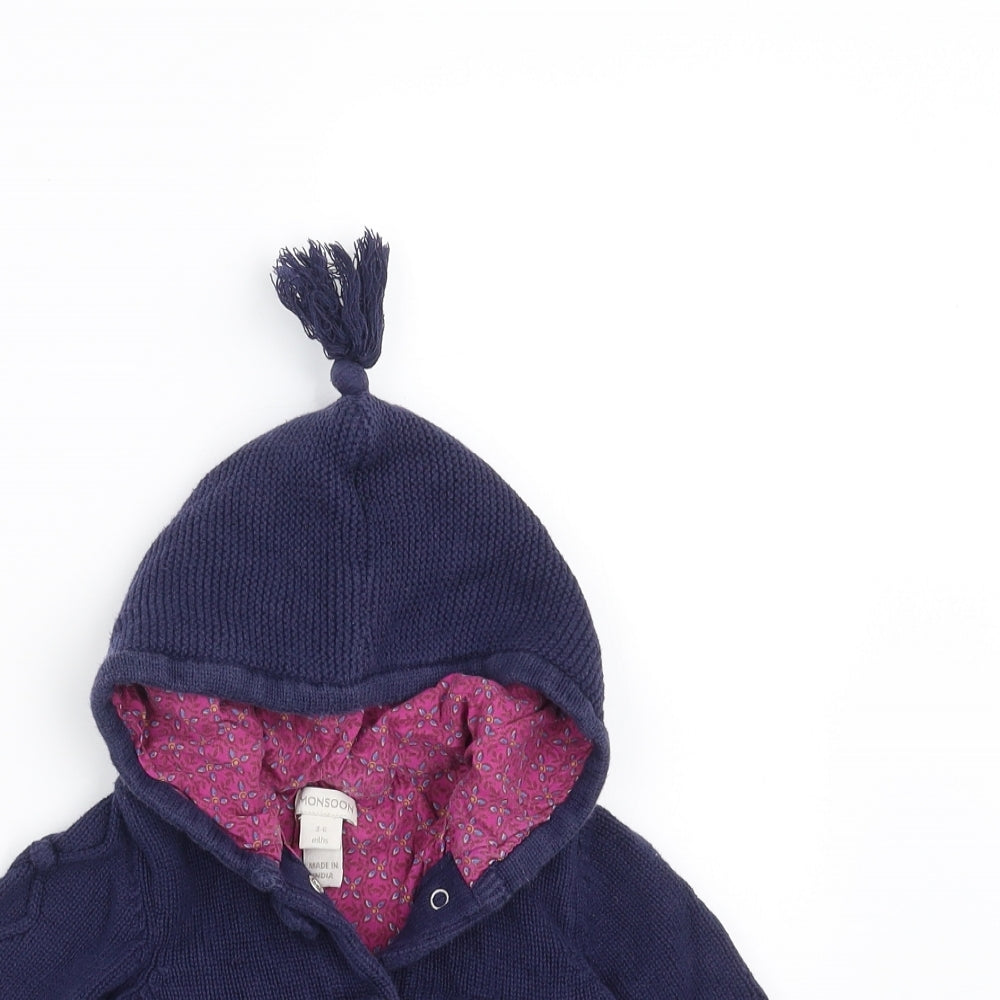 Monsoon Girls Blue  Knit Cardigan Jumper Size 3-6 Months  - hooded