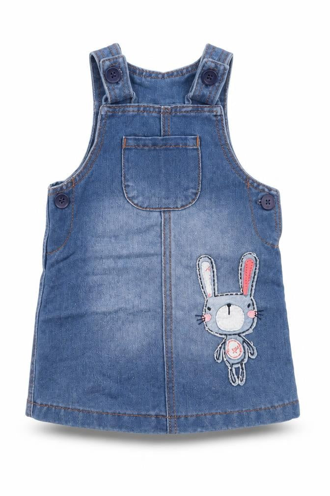 Front view of Early Days girls’ blue damask pinafore/dungaree dress, size 3-6, months - rabbit