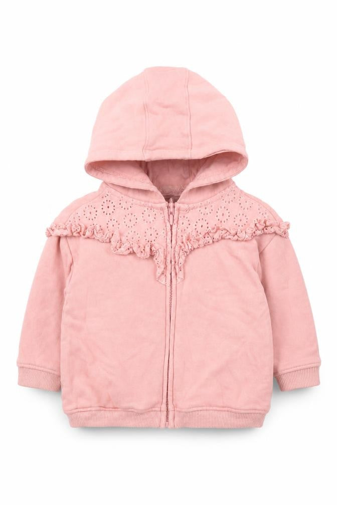Front view of Next girls’ pink full zip jumper, size 9-12, months