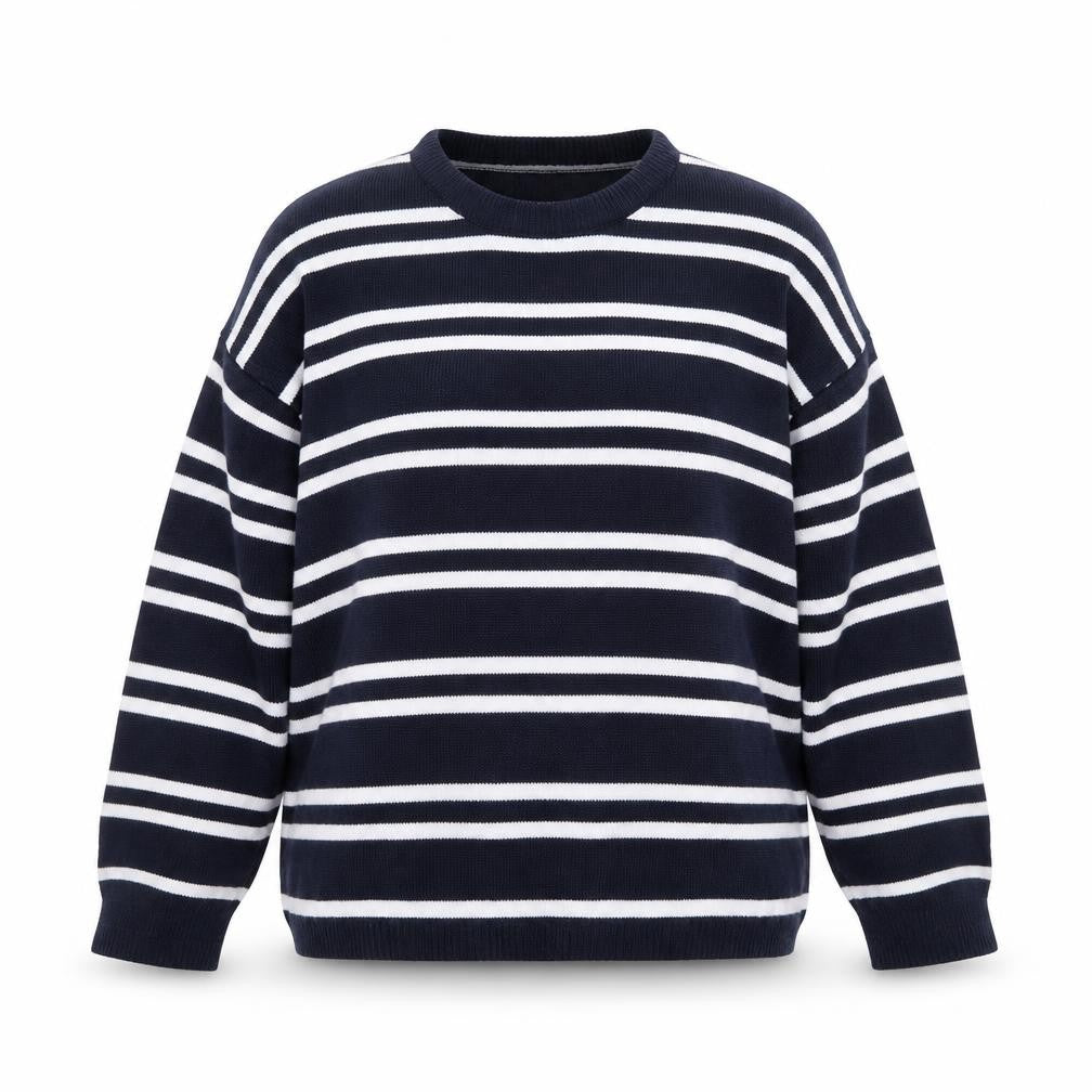 Front view of Papaya women’s blue striped knit jumper, size M