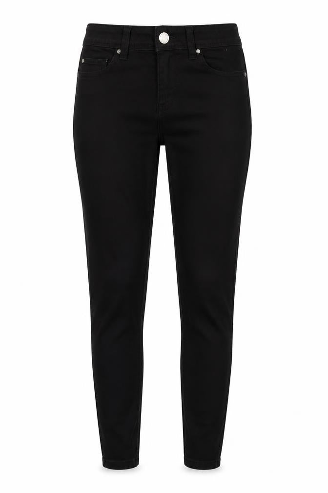 Front view of Denim & Co. women’s black denim skinny jeans, size UK 6, 27-inch leg