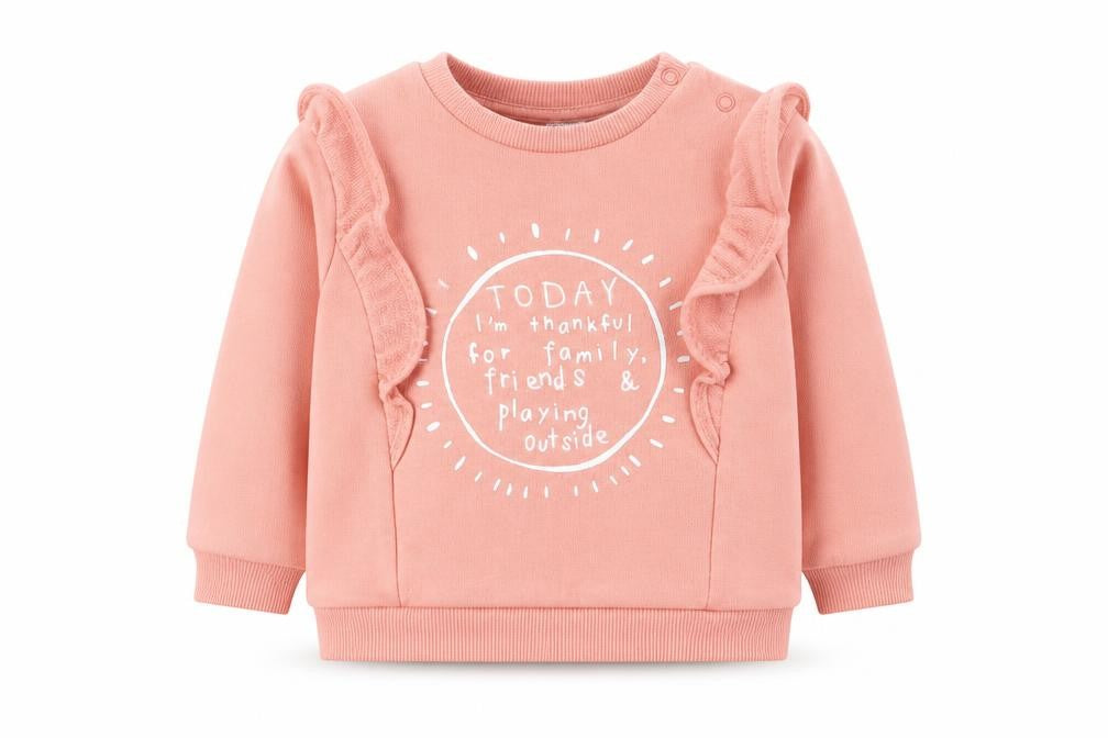 Front view of F&F girls’ pink jumper, size 6-9, months
