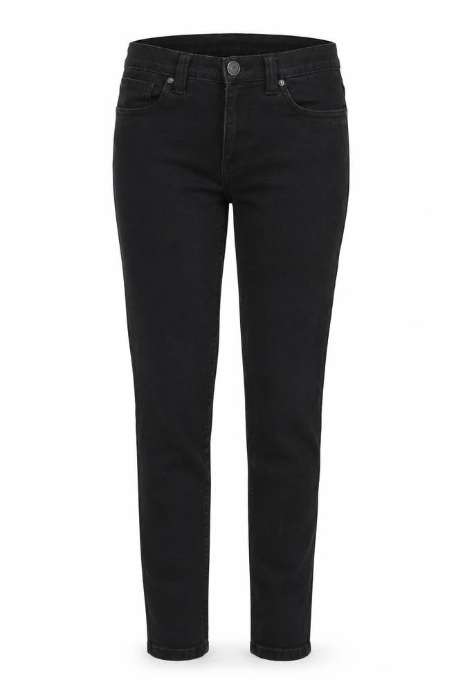 Front view of Denim & Co. women’s black denim skinny jeans, size UK 32, in, 32-inch leg