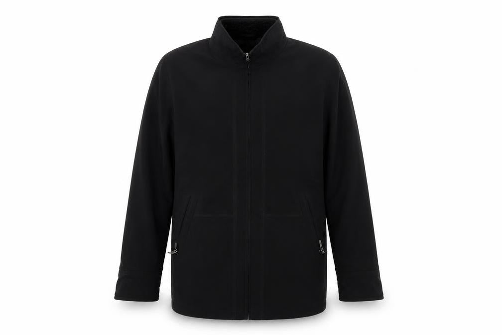 Front view of Gallery men’s black overcoat coat, size S