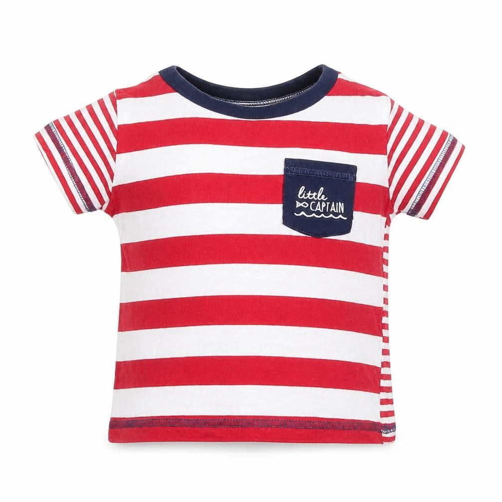 Front view of Matalan boys’ red striped basic t-shirt, size 6-9, months