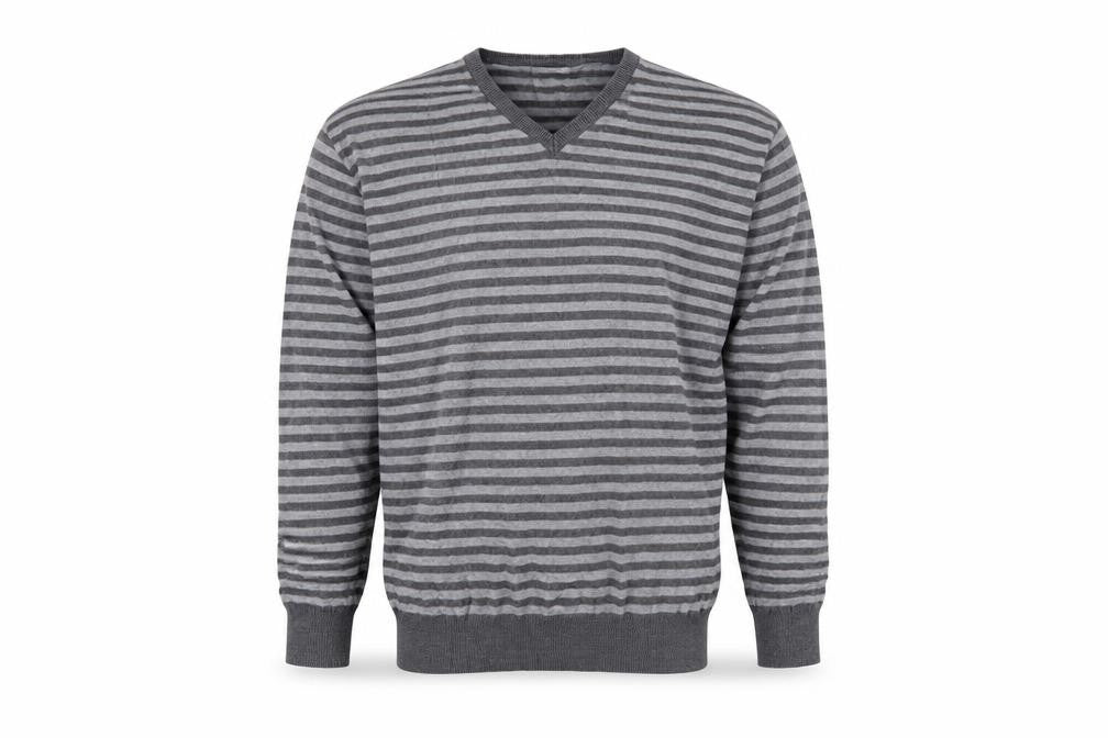 Front view of Dunnes men’s grey striped jumper, size M