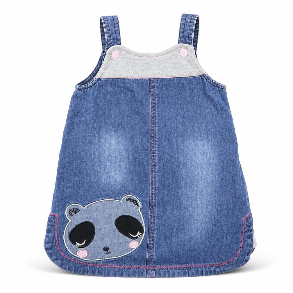 Front view of Nutmeg Baby Blue Animal Print Pinafore/Dungaree Dress, size 9-12, Months - Nutmeg, Panda Face Logo