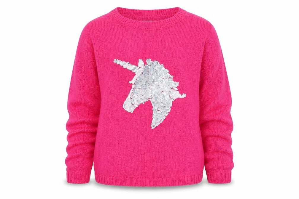 Front view of I Love girls’ wear girls pink knit jumper, size 12, years - unicorn