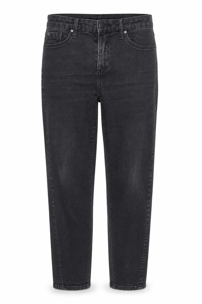 Front view of Denim & Co. women’s black denim tapered jeans, size UK 12, 28-inch leg - elastic waist