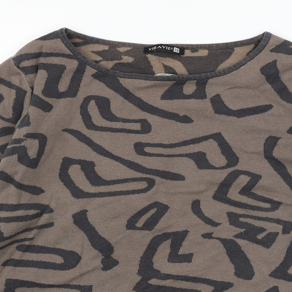 Viz-A-Viz Womens Brown Geometric Knit Pullover Jumper Size 16