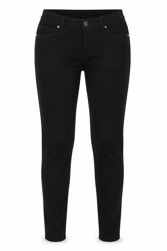 Front view of Denim & Co. women’s black denim skinny jeans, size UK 10, 25-inch leg
