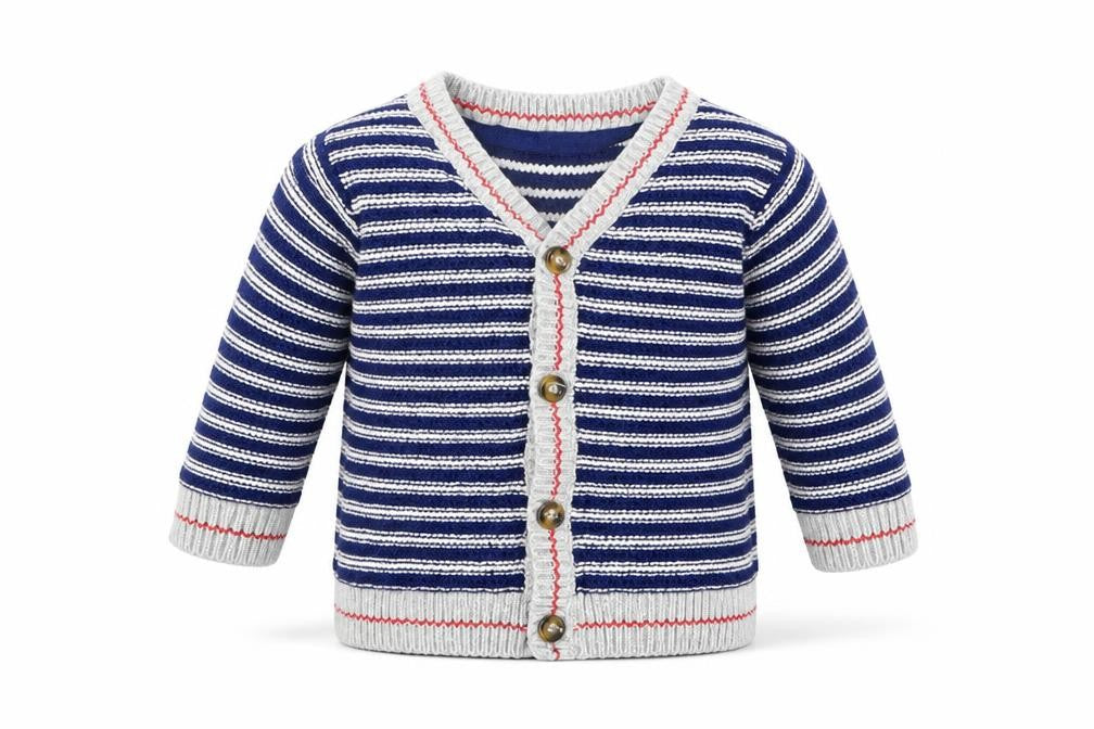 Front view of Mini Club boys’ blue striped cardigan jumper, size 0-3, months