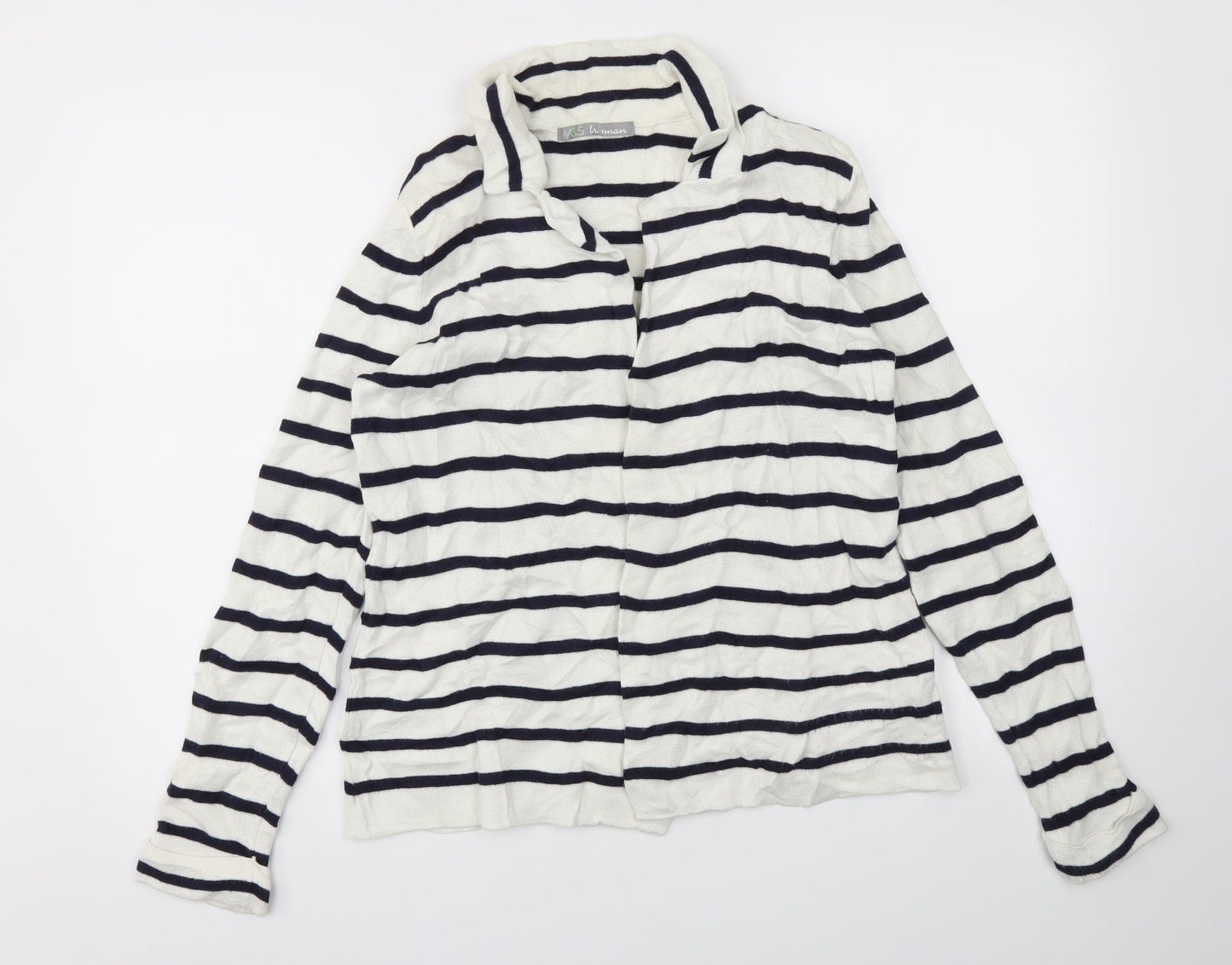 M&S Womens White Striped  Cardigan Jumper Size 14