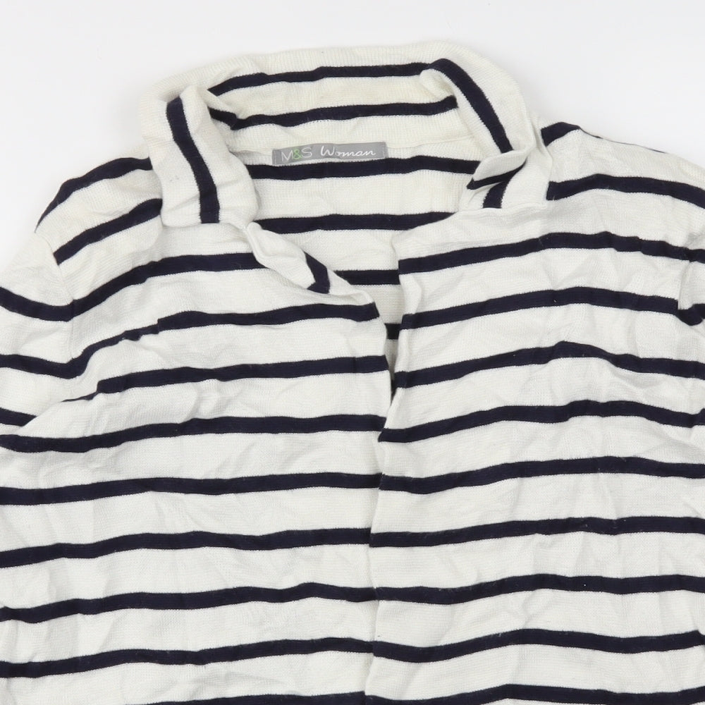 M&S Womens White Striped  Cardigan Jumper Size 14
