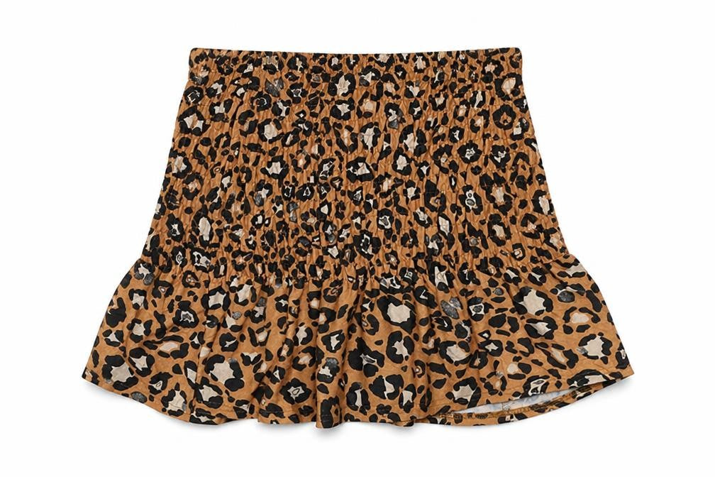 Front view of ASOS women’s beige animal print flare skirt, size UK 10, - elastic waist band