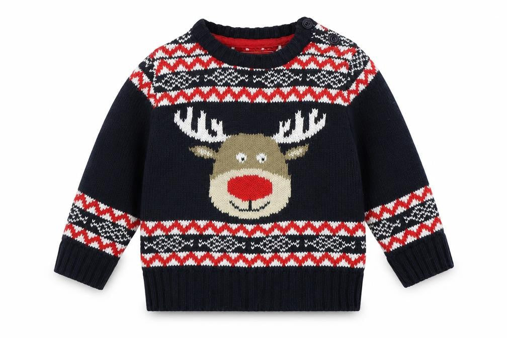 Front view of Early Days girls’ blue geometric jumper, size 3-6, months - raindeer
