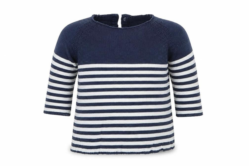 Front view of Next boys’ blue striped jumper, size 3-6, months