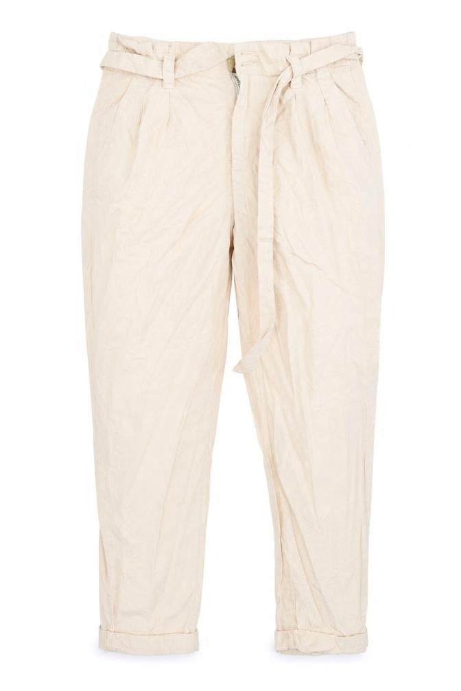 Front view of Miss Selfridge women’s beige trousers, size UK 14, 26-inch leg