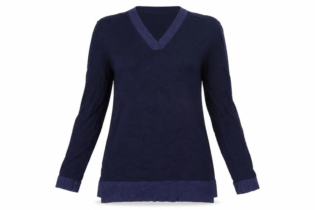 Front view of Lands End women’s blue knit jumper, size S