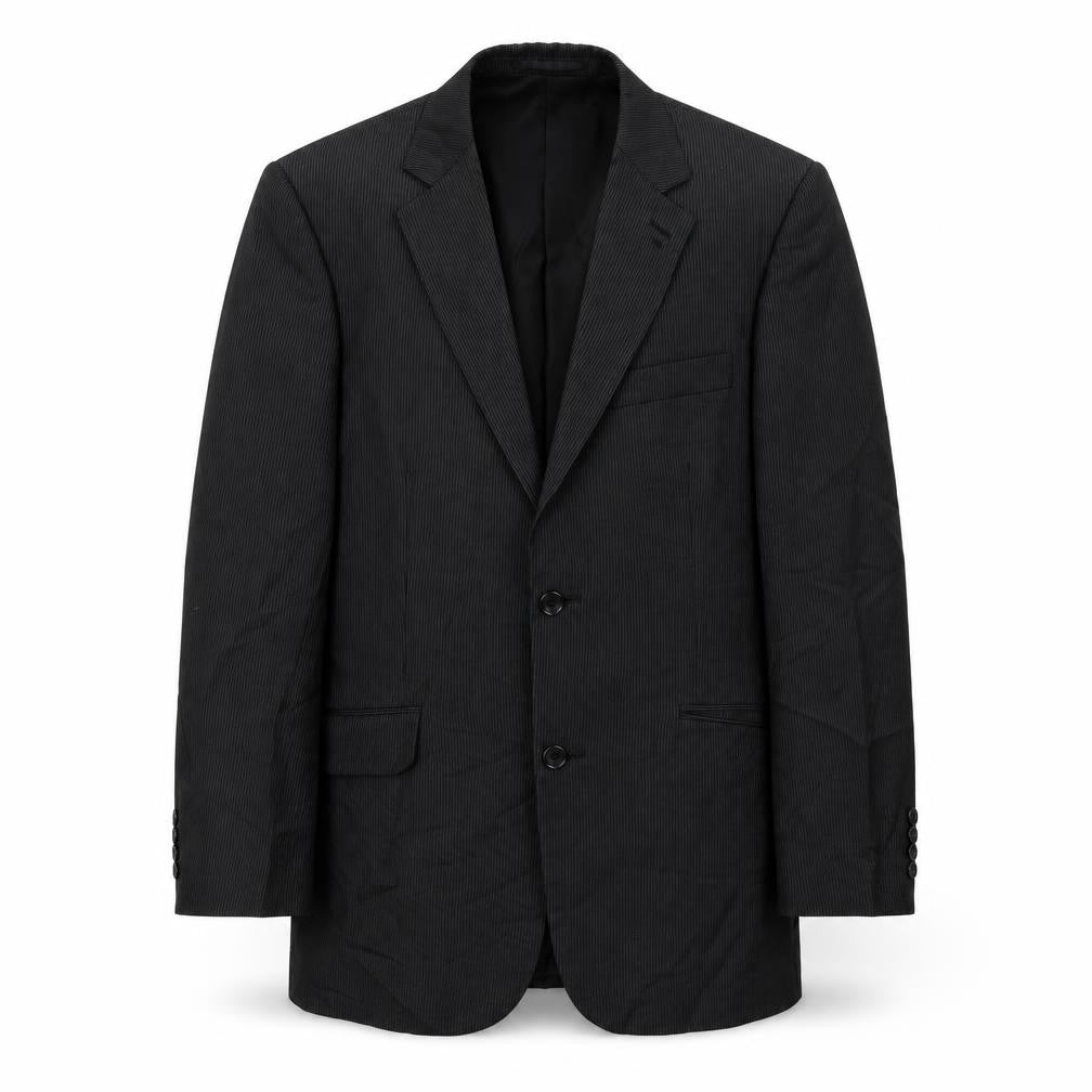 Front view of savoy taylors guild men’s black striped jacket blazer, size 36