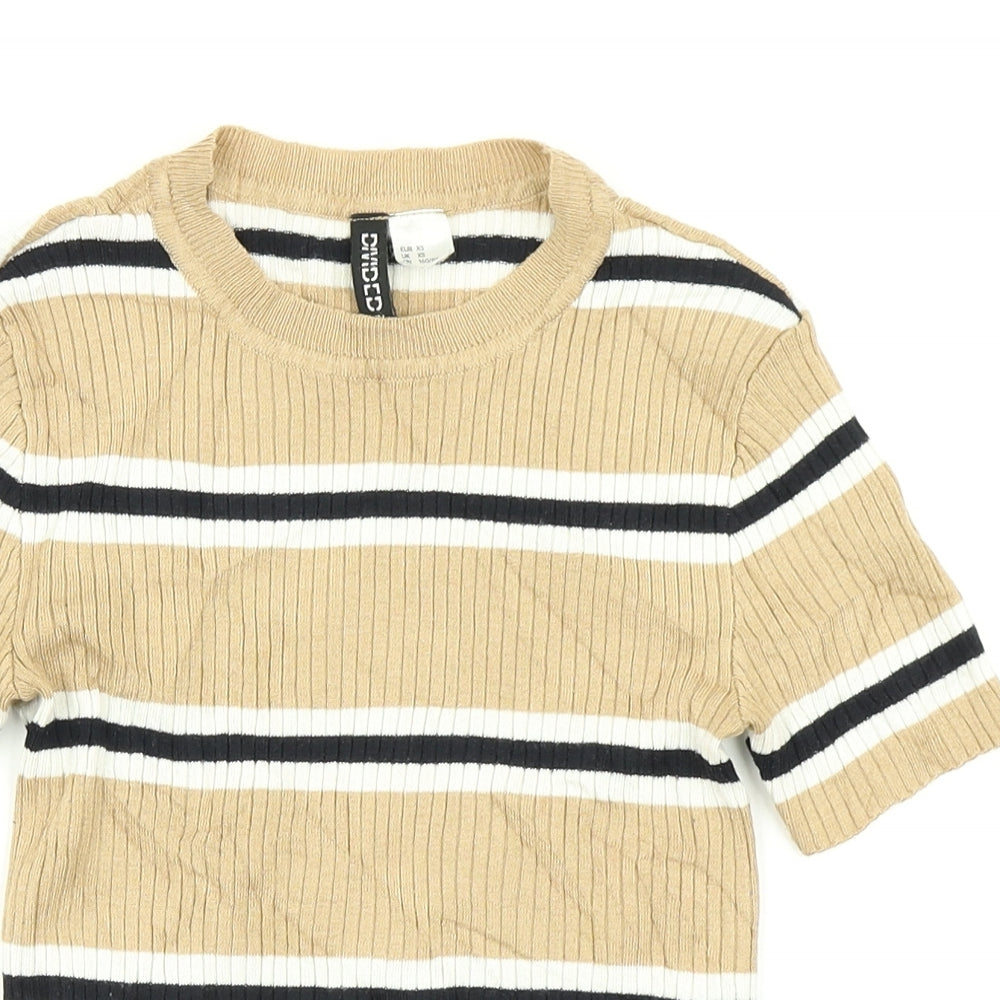 Divided Womens Brown Striped Knit Basic T-Shirt Size XS
