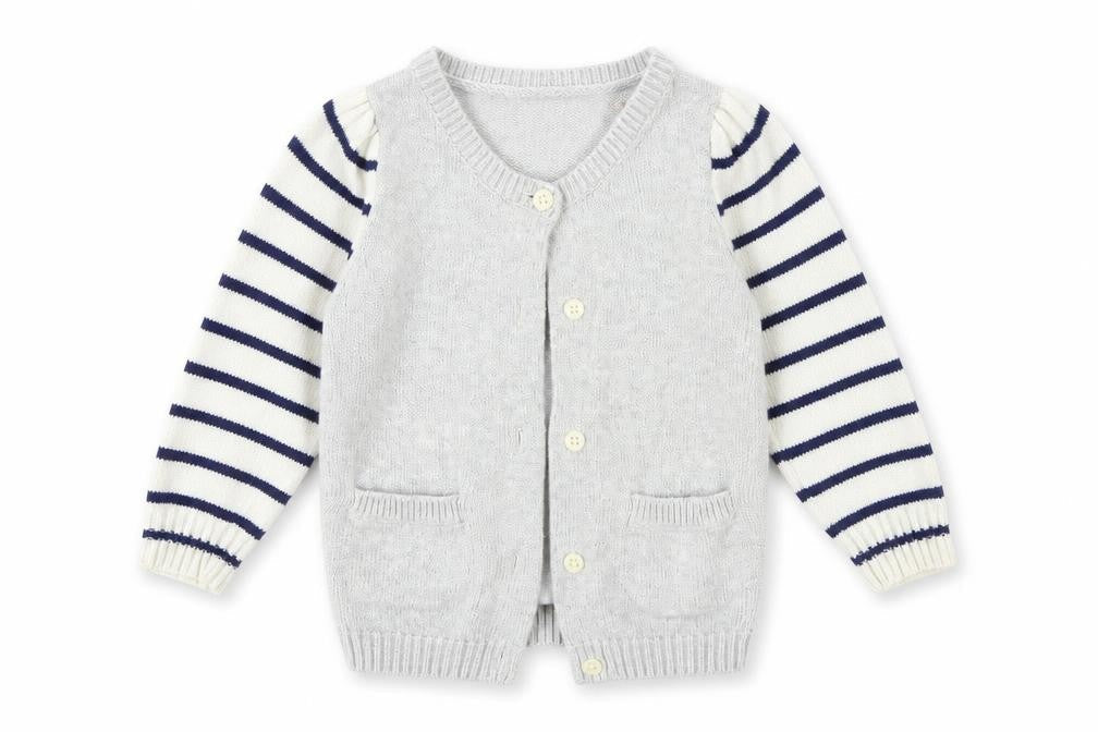 Front view of Old Navy Baby Silver Striped Knit Cardigan Jumper, size 24, Months