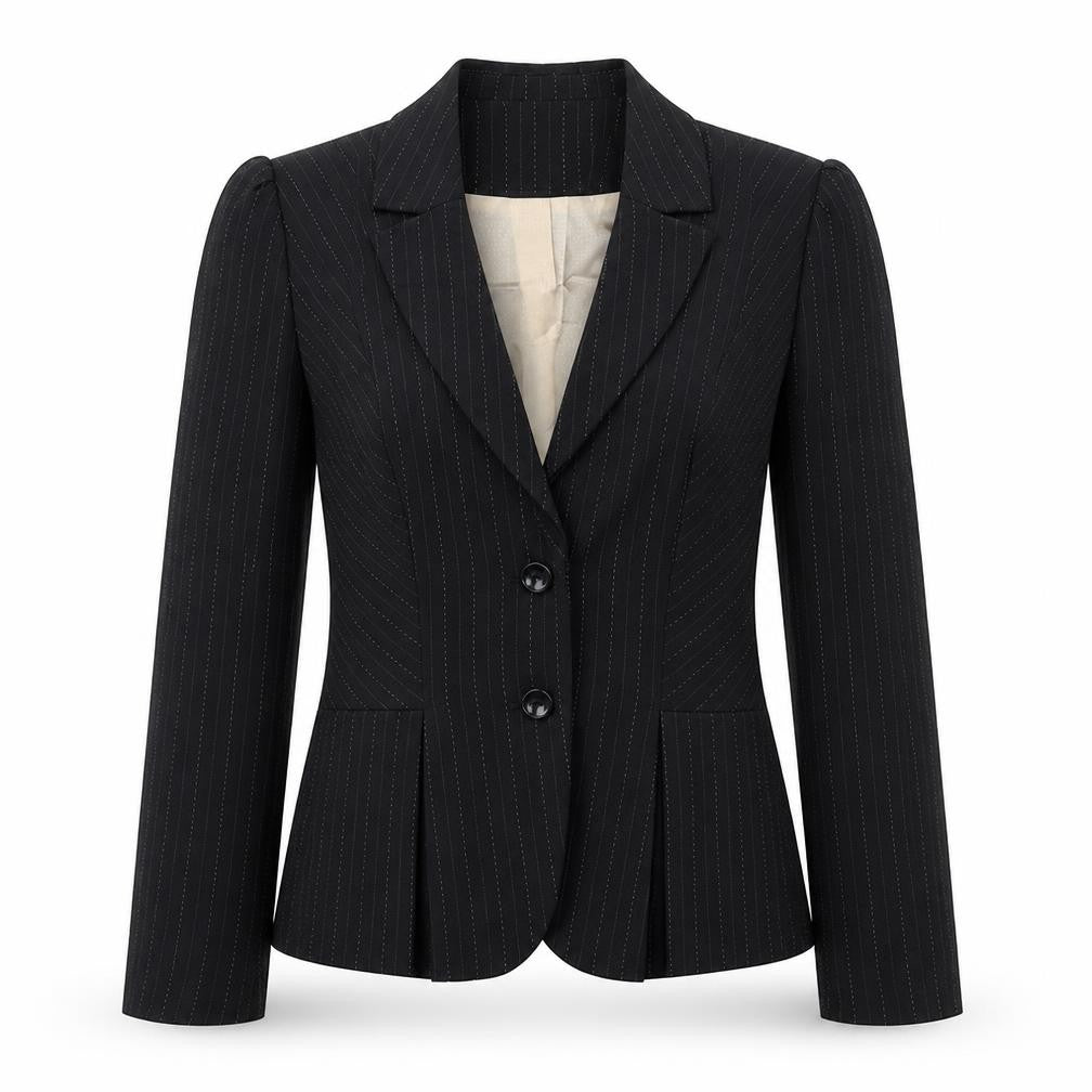 Front view of EVIE women’s black striped jacket blazer, size UK 12