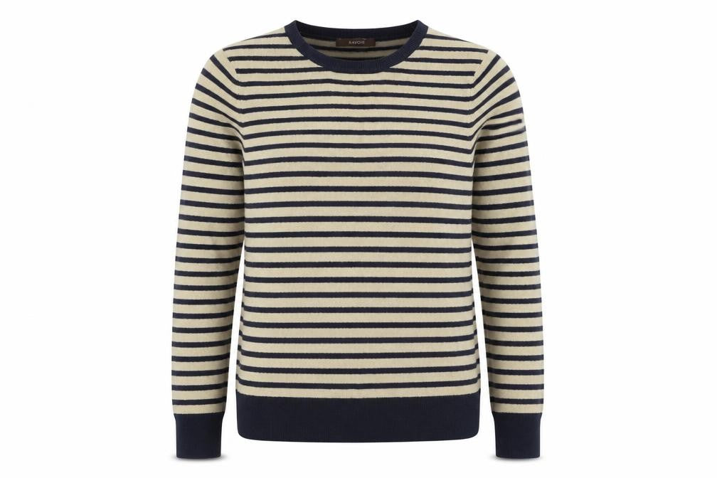 Front view of Savoir women’s beige striped knit jumper, size UK 10