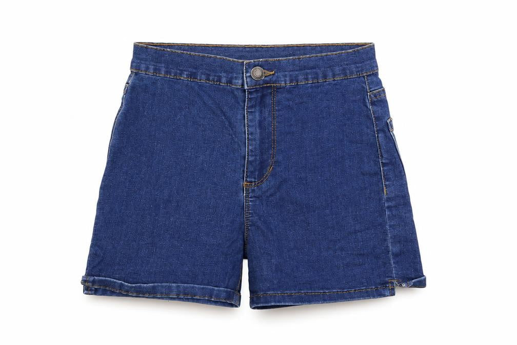 Front view of denim co women’s blue cut-off shorts, size UK 8