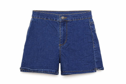 Front view of denim co women’s blue cut-off shorts, size UK 8